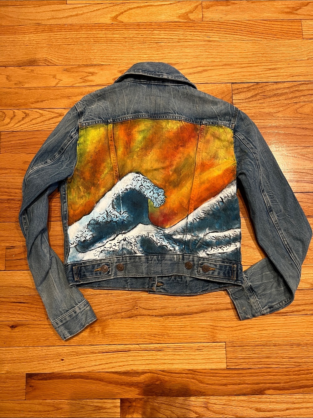 Hand Painted Wave and Sunset on Levi's Medium Blue Denim Jacket- 100% Cotton